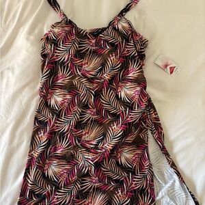Tropical Leaf Print Swim Dress Plus Size